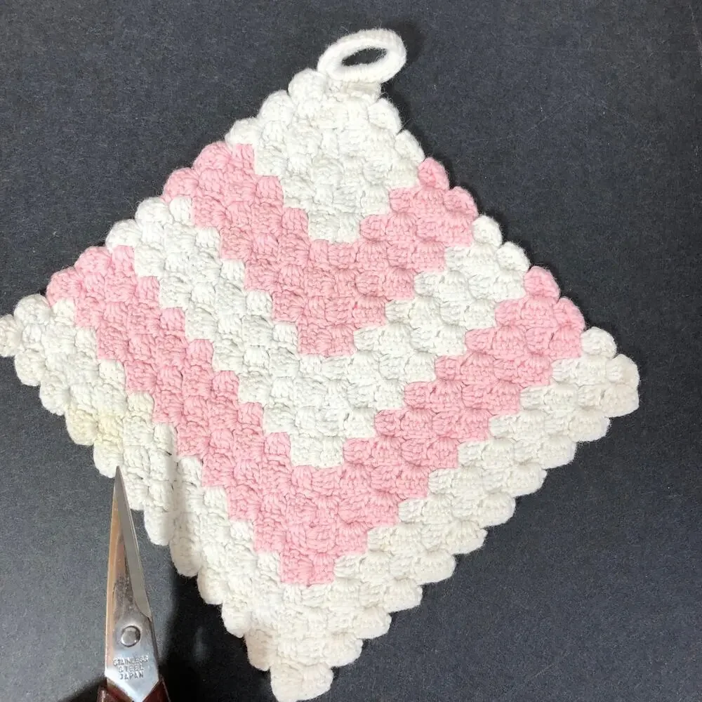Vintage Potholders, Crocheted Pink, Aqua Blue, Red and White, Set of Four Retro